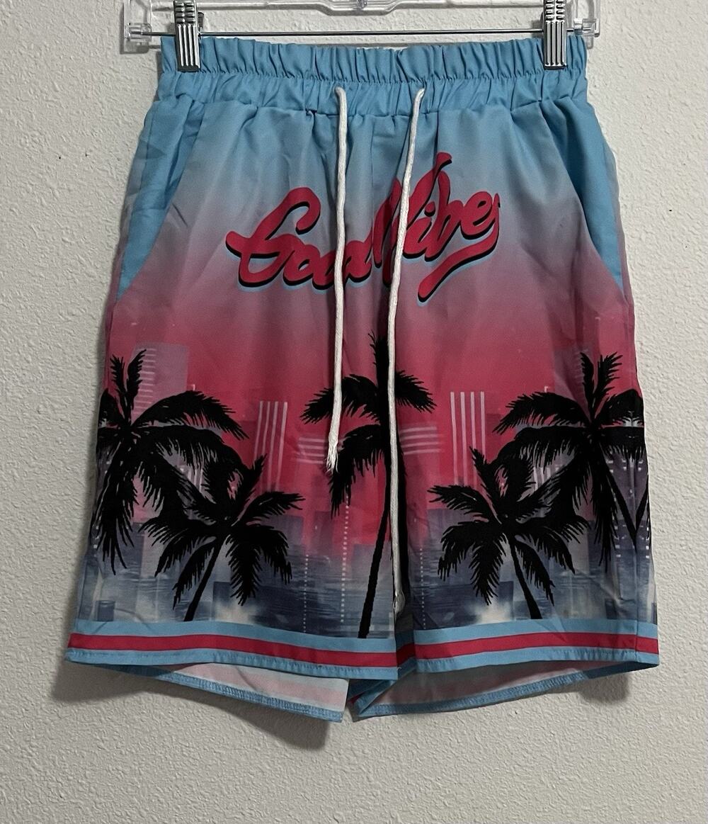 ROMWE Men's Blue Pink Tropical Chino Shorts, Elastic Waist, Drawstring, Pockets